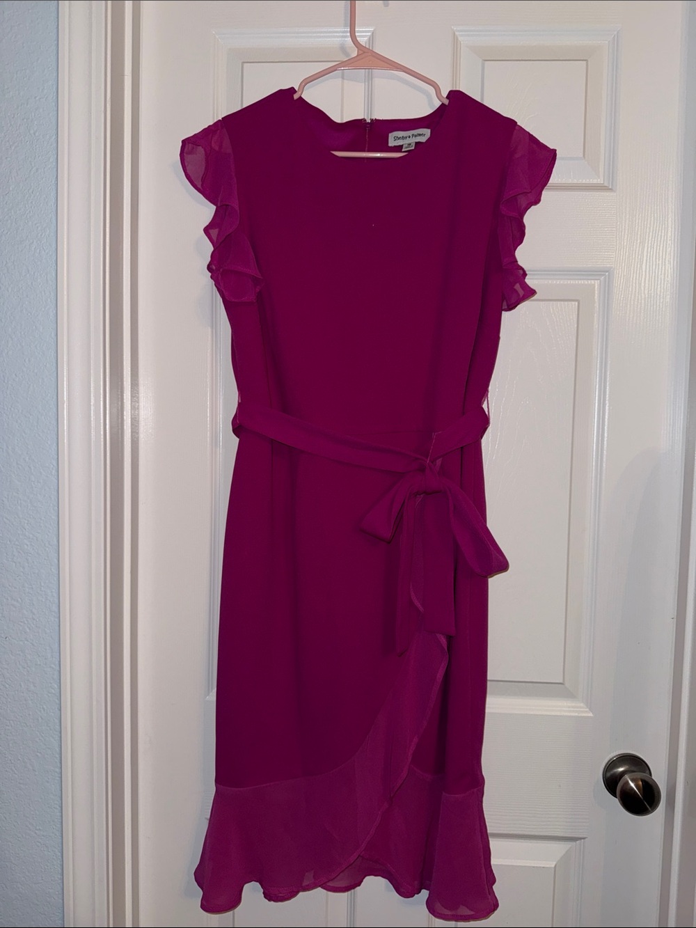 Shelby & Palmer Fuchsia Ruffle Sleeve Midi Dress with Tie Waist